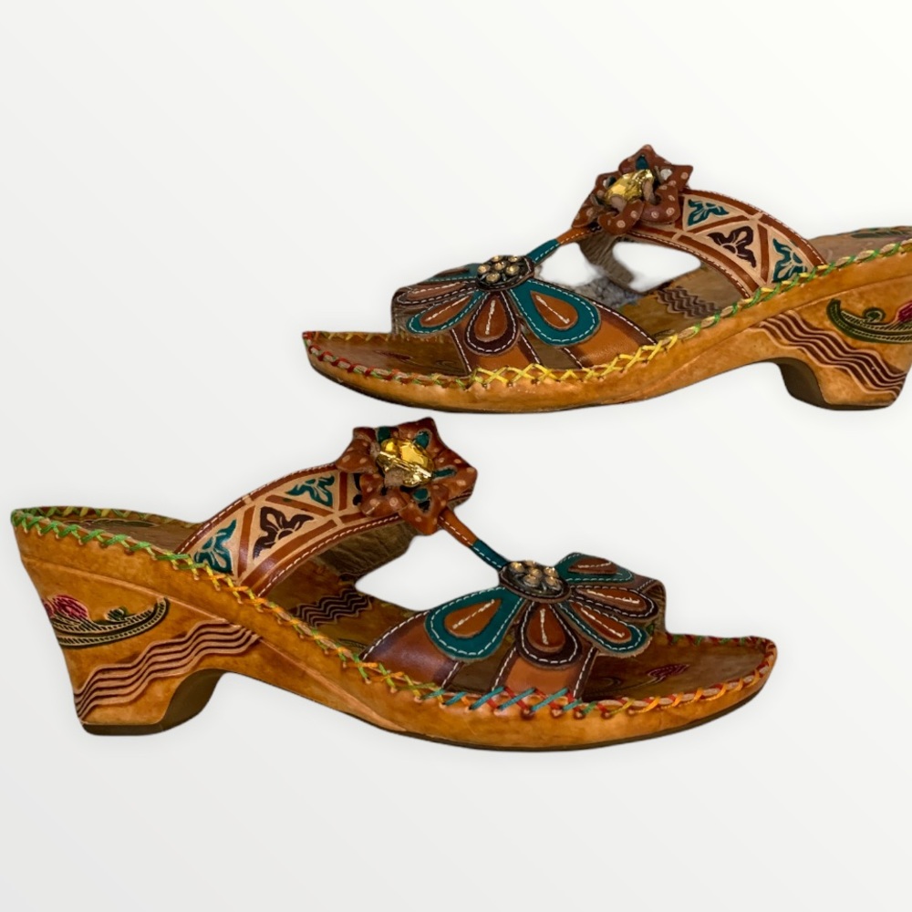 Elite by Corkys Hand-Painted Multi-Colored Leather Heeled Sandals Size 10